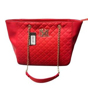 Badgley Mischka Red Quilted Tote with Gold Chain Handle NWT
